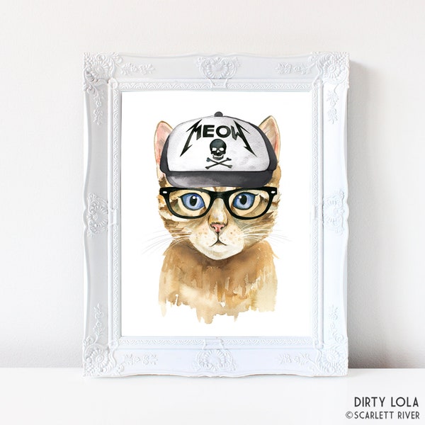 Cat Watercolor Painting  - Metal Cat - Cat Art - Hipster Cat - Animal Art - Cat with glasses - Anthropomorphic
