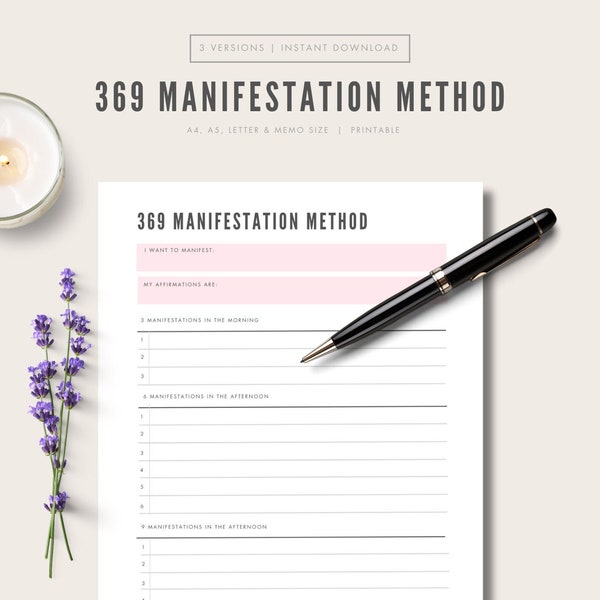 369 Manifestation Method Template Printable, Positive affirmations, Law of Attraction, Manifestation Technique, 369 Method, Energy alignment