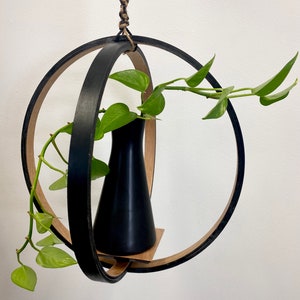 May include: A black and wood hanging planter with a black vase and a green plant inside. The planter is suspended from the ceiling with a rope.