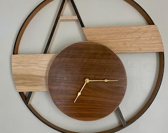 Wall Round Clock, Mixed Wood Modern Geometric Artistic Clock|| 24” diameter