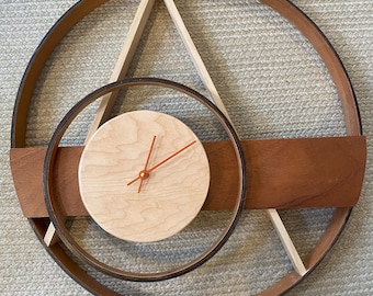 Wall Round Clock, Mixed Wood Modern Geometric Artistic Clock|| 24” diameter