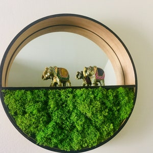 One Round Moss Mirror With Shelf|Small Bathroom Ideas|Wall Decor Ideas|Designer Green Trend|Recycled Drum Set Wood //16”