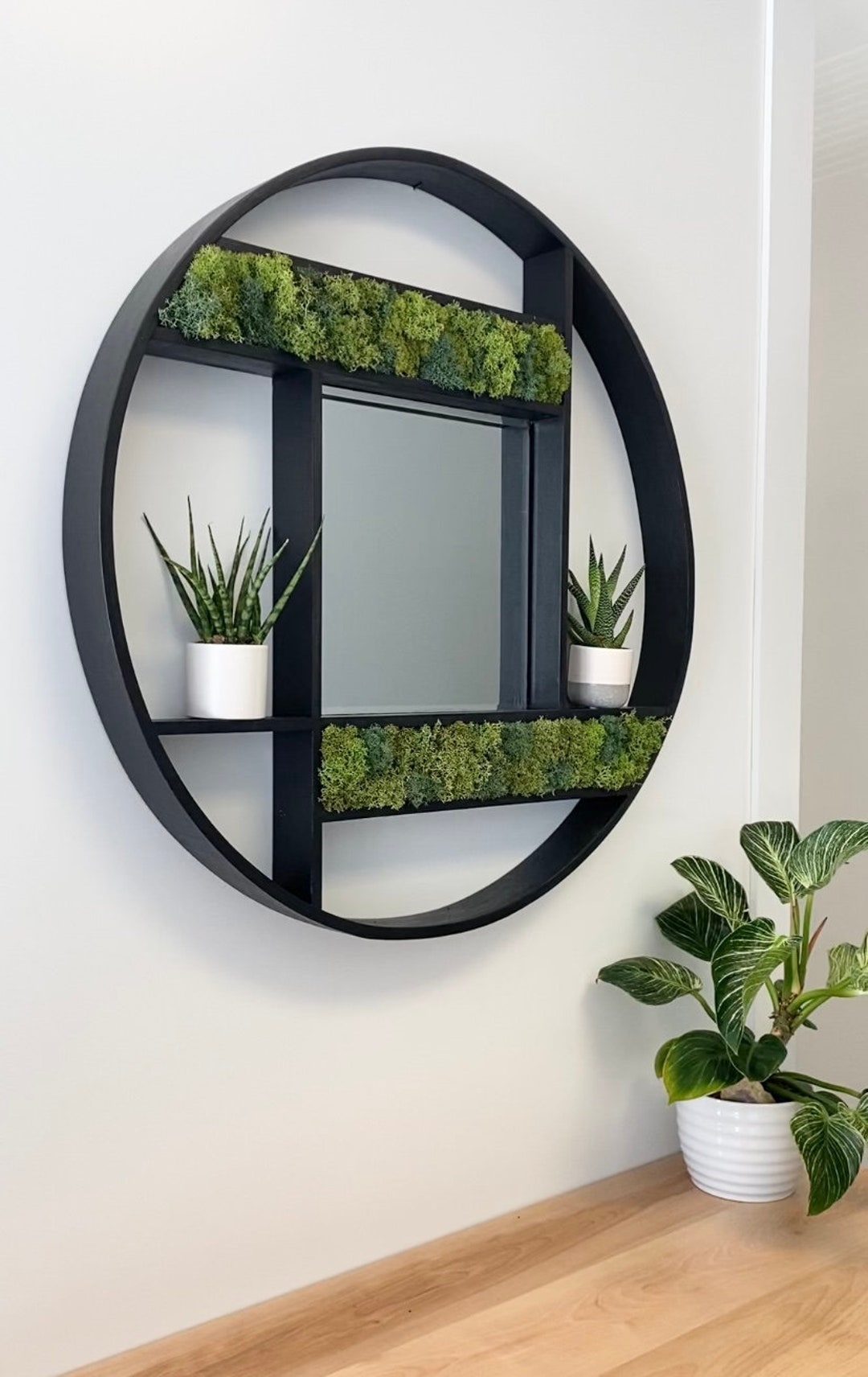 Large Round Wall Decor With Mirror and Moss Unique Mirror With Live