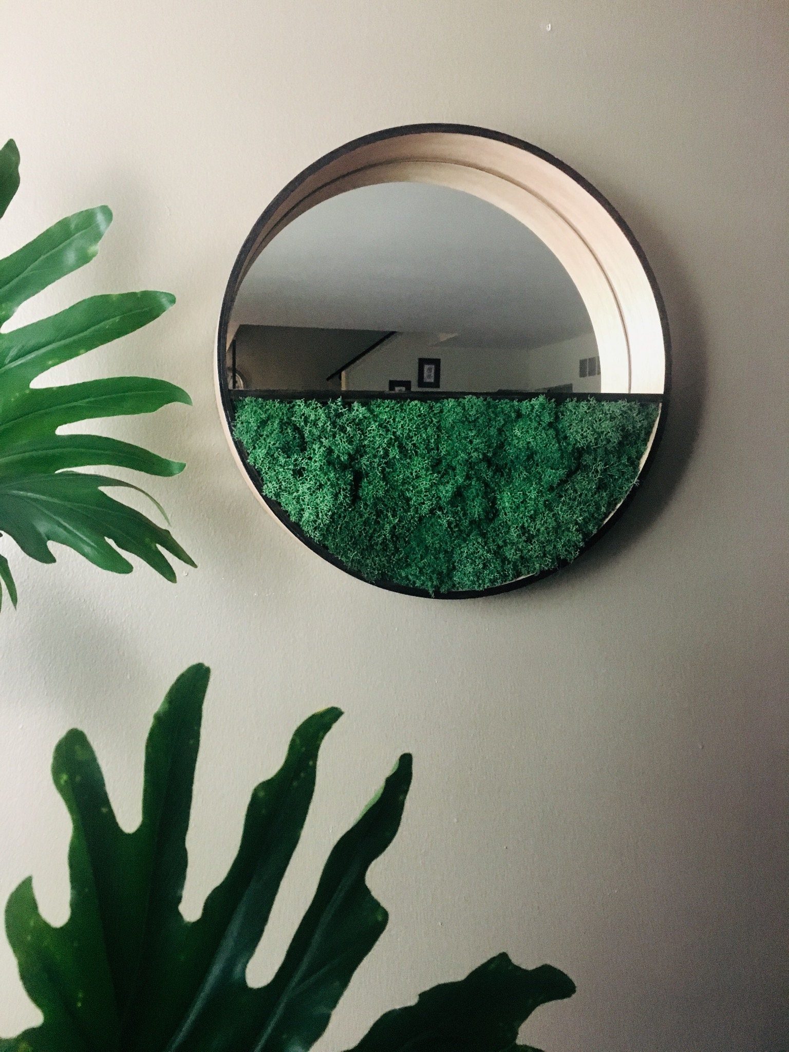 Miroir Flottant Rond Unique avec Mousse Vivante| Étagère Murale Personnalisée| Miroir Mural Décorati