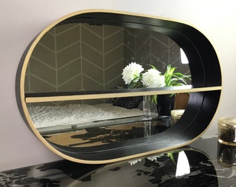 Contemporary Oval Black Wall Mirror or Tabletop Mirror with a Shelf| Designer Modern Bathroom Mirror with Gold Accent| Modern Interior Decor