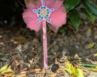 Varita de hada hecha a mano / Estrella de diamantes de imitación y tul rosa