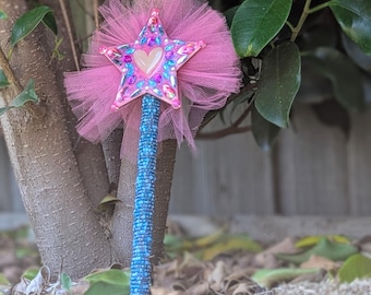 Varita de hada/estrella hecha a mano, diamantes de imitación, tul rosa