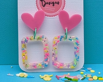 Pink Heart, Rainbow Sprinkles with Glitter Dangle Earrings