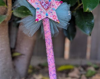 Varita de hada estrella hecha a mano / Corazón de diamantes de imitación, tul aguamarina