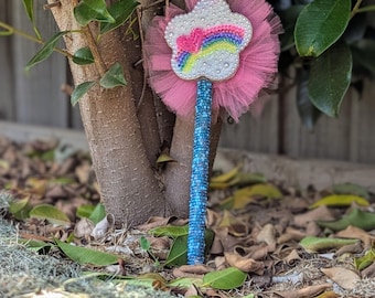 Varita de hada de las nubes / Tul arcoíris hecho a mano, corazón de diamantes de imitación