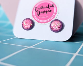 Pendientes de resina con purpurina rosa – Acero inoxidable hipoalergénico