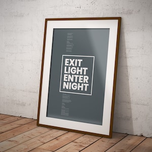 Op de afbeelding: Een ingelijst drukwerk met een donkergrijze achtergrond en witte tekst die "EXIT LIGHT ENTER NIGHT" luidt.