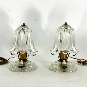 Mid-Century pair of Ercole Barovier Murano glass and brass table lamps. 1940s
