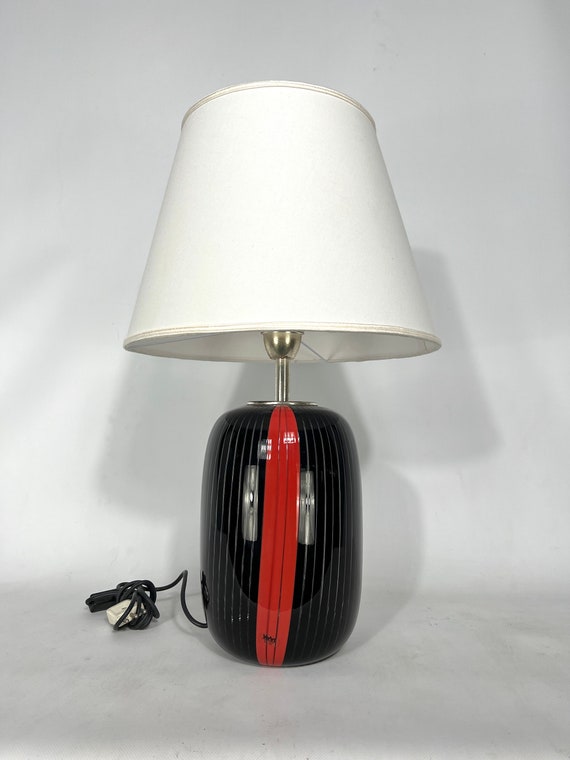 Veart Black and Red Murano Glass Table Lamp From 70s. Labeled