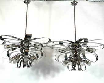 Mid-century pair of large Italian chrome chandeliers from 70s