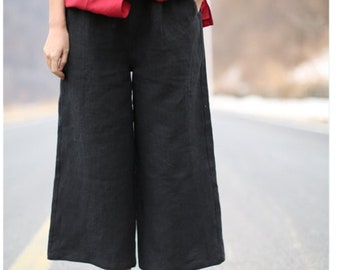 Linen Women Pants Wide Legs Pants Elastic Waist Plus Size Skirts Pants Loose Style Pants