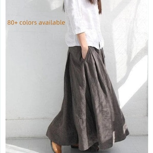 Women Soft Washed A-line Linen Long Skirt, Elastic Skirts with Deep Pockets,Maxi linen skirts,  Available 80+ Colors