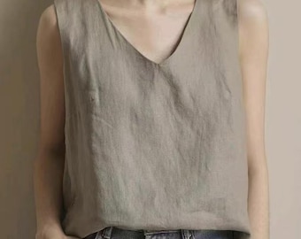 Gewaschen weiche 100% Leinen Tops, ärmellose Minimalist Sommer Tops,Anysize Kleid, Plus Size Maxi Kleid Frauen Top / 9592