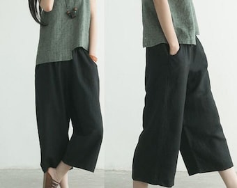 Black 100% Linen Women Pants Wide Legs Pants Elastic Waist Plus Size Skirts Pants Loose Style Pants Custom Made Any Size