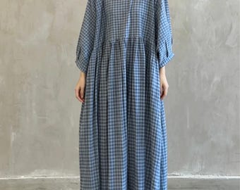 Plaid Summer Dress, Cotton Short Sleeve Dress Midi Dress, Soft Home-wear Double Face Tunics Custom Plus Size Dress/5593