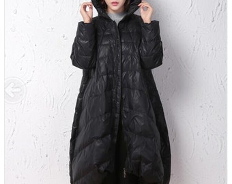 Winter Coat,Black A-line Coat, Hooded Winter Down Coat,Women Down Coat,Women Coat, Thick Down Coat Plus Size