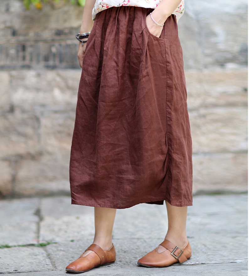 Women Linen Skirt, Washed Linen Skirts, Soft linen Skirts,Deep Side Pockets, 50colors available 2111 image 3