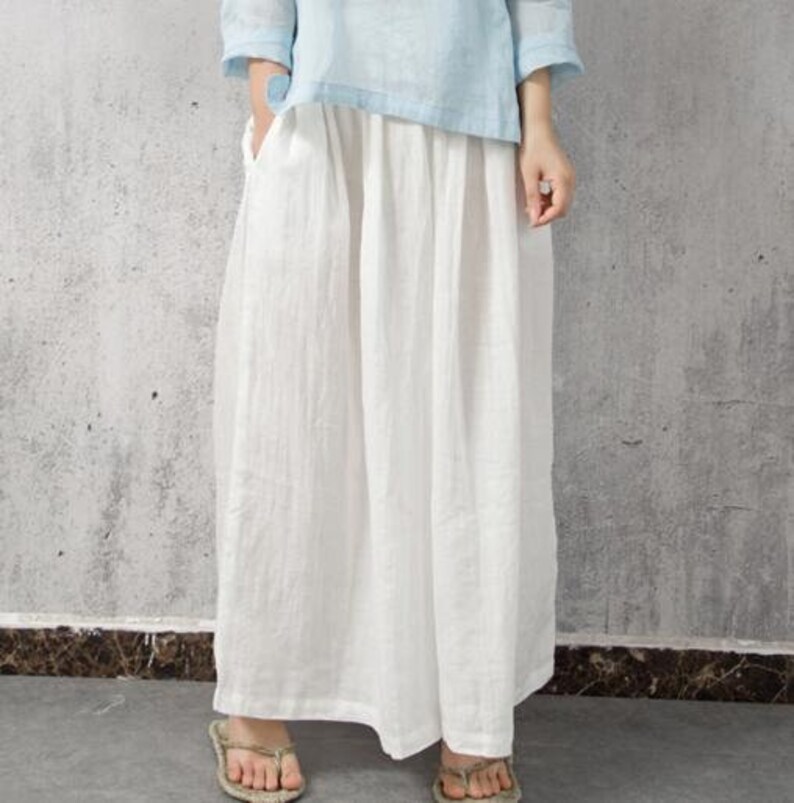 Linen Women Pants Wide Legs Pants Elastic Waist Plus Size Loose Style ...