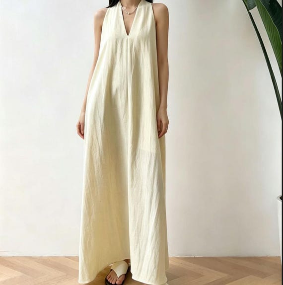 Minimalist Sleevelss Dress Washed Soft cotton Linen dress,Anysize dress summer maxi dress Women Dresses/9599