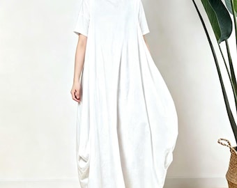 Round Neck Washed Soft cotton Linen dress,Anysize Large Hem dress  summer maxi dress Women Dresses/95