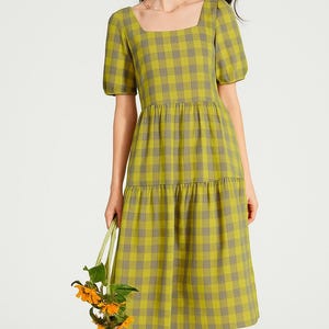 Plaid Summer Dress, Cotton Square Collar Dress Midi Dress, Soft Home-wear Double Face Tunics Custom Plus Size Dress/5593
