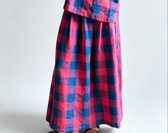 Plaid Women Soft Washed Soft 100% Linen Long Skirt, Skirt Summer Linen Skirts,Elastic Skirts