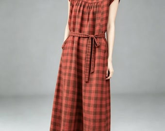 Checked washed Soft 100% Linen dress,Drop Dhoulder Dress,Women Dresses, Retro dress ,Maxi Women Dresses