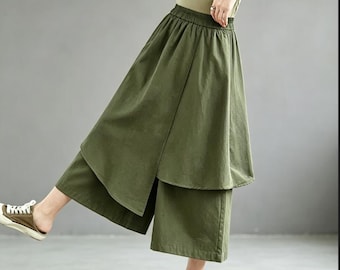 Loose Cotton Linen Women Skirt Pants, Wide Legs Pants, Baggy Elastic Waist Side Pleat  Plus Size Loose Style Pants
