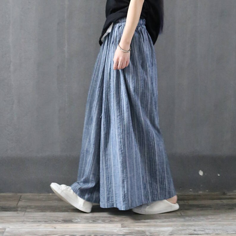 Blue Stripe Linen Women Pants Wide Legs Pants Elastic Waist Plus Size ...