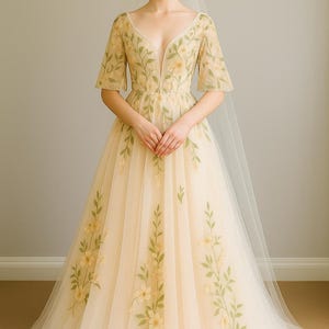 Unique Wild Flower Wedding Dress, Colorful A Line Forest wedding gown, Bohomian Wedding Dress with Butterfly sleeves/9592