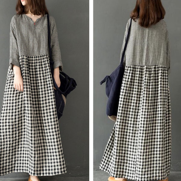 Checked Soft Linen Women Dress  V Neck Women Linen Any Size Dresses