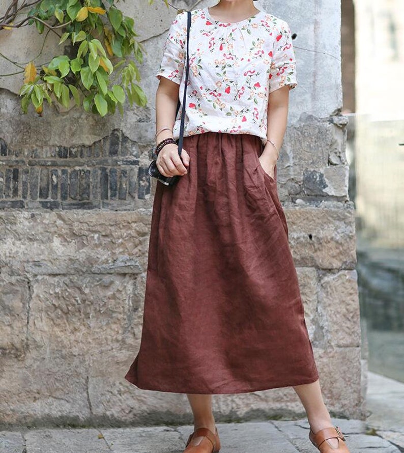 Women Linen Skirt, Washed Linen Skirts, Soft linen Skirts,Deep Side Pockets, 50colors available 2111 image 2