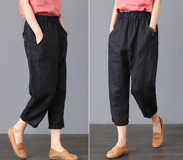 Black Linen Women Pants Wide Legs Pants Elastic Waist Plus - Etsy