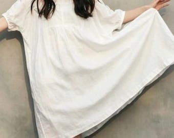 Round Neck Loose Style Washed Soft 100% Linen dress,Anysize Dress Summer Dress Women Dresses/95