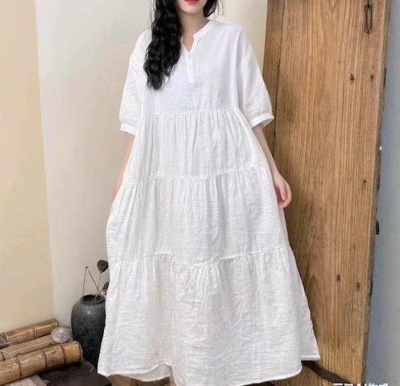 chinese dress ladies Women Vintage Maxi Dresses Summer Loose O-Neck Puff Sleeve A-Line Dress  Casual Solid Long Dresses Sundress Black at Amazon Women's Clothing store