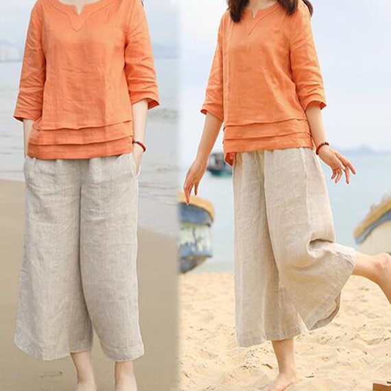 Khaki Linen Women Pants Wide Legs Pants Elastic Waist Plus Etsy