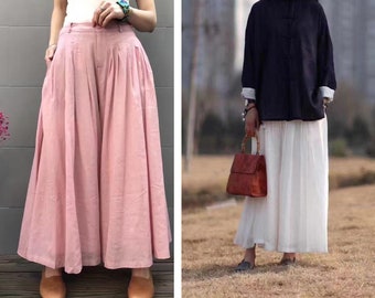 Linen Women Pants Wide Legs Pants Elastic Waist Plus Size Skirts Pants Loose Style Pants