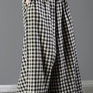 Plaid Linen Women Pants Wide Legs Pants Elastic Waist Plus Size Loose Style Pants