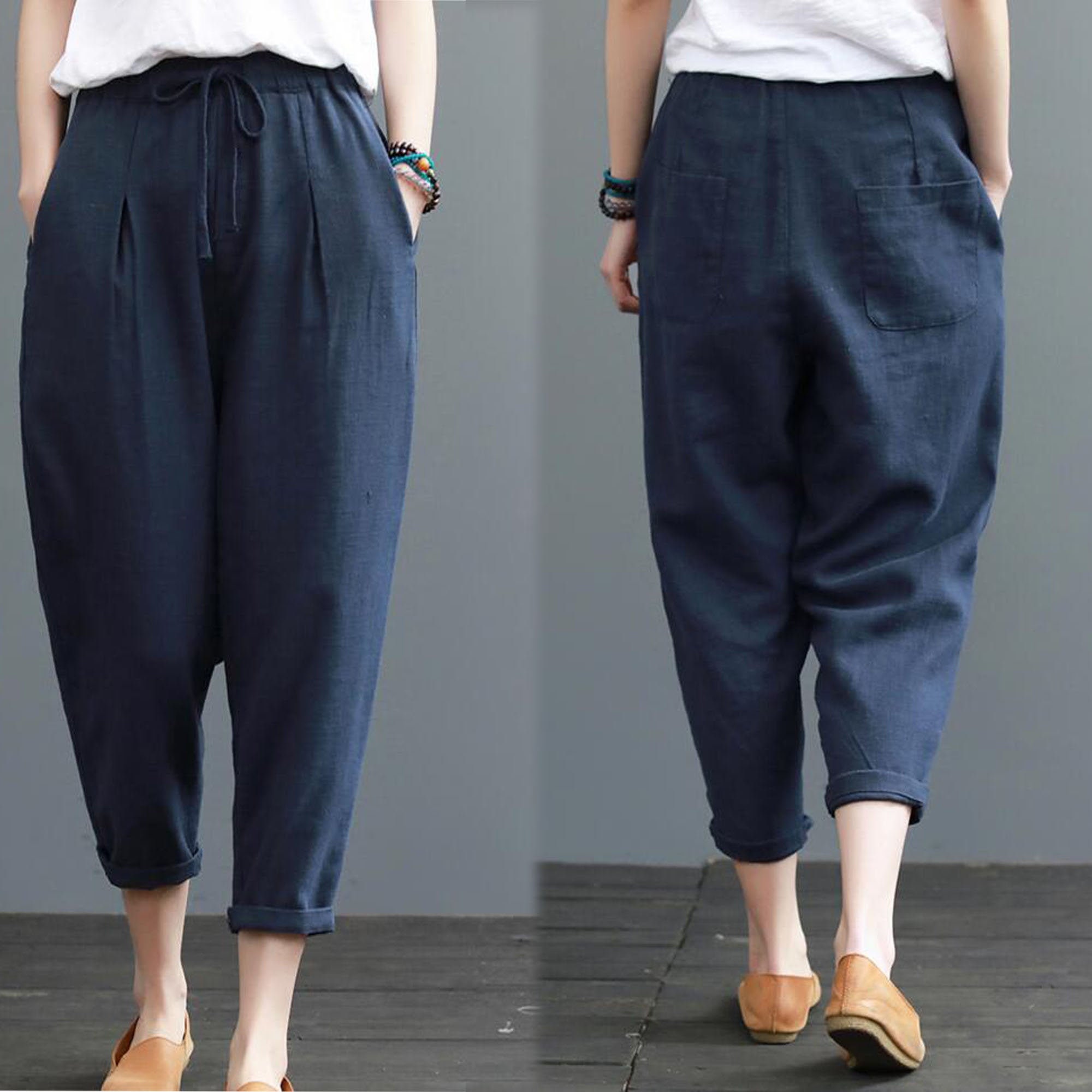 Navy Blue Linen Women Pants Wide Legs Pants Elastic Waist Plus Etsy