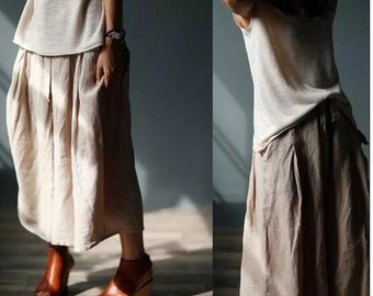 Linen Women Pants Wide Legs Pants Elastic Waist Plus Size Loose Style Pants