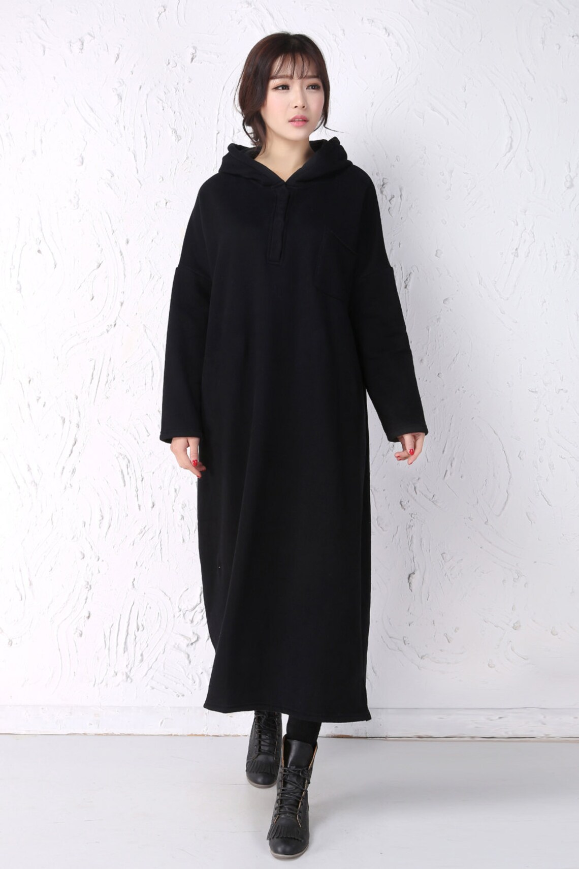 Black Fleece Dress Long Women Dress Thick Thermal Women Warm Winter