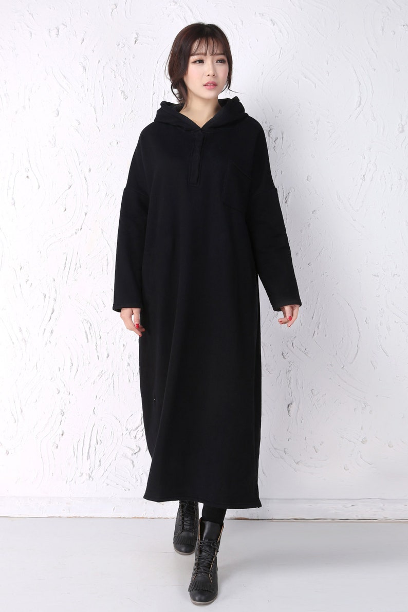 Black Fleece Dress Long Women Dress Thick Thermal Women Warm Winter