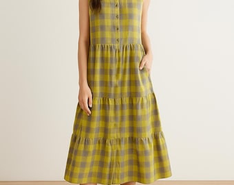 Plaid Summer Dress, Cotton Sleeveless Dress Midi Dress, Soft Home-wear Double Face Tunics Custom Plus Size Dress/5593