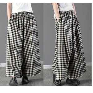 Plaid Linen Women Pants Wide Legs Pants Elastic Waist Plus Size Loose Style Pants