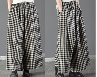 Plaid Linen Women Pants Wide Legs Pants Elastic Waist Plus Size Loose Style Pants